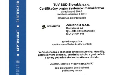 Zeelandia nový platný certifikát ISO 9001:2015  (rok 2025-2028)
