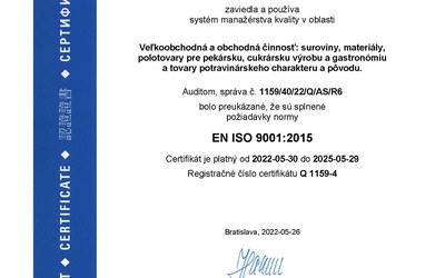 Zeelandia nový platný certifikát ISO 9001:2015  (rok 2022)