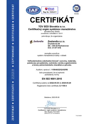 Zeelandia nový platný certifikát ISO 9001:2015  (rok 2022)